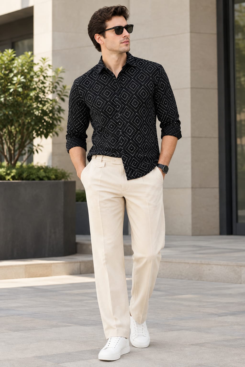 Men’s Premium Geometric Pattern Shirt & Cream Trousers Combo – Black & Ivory