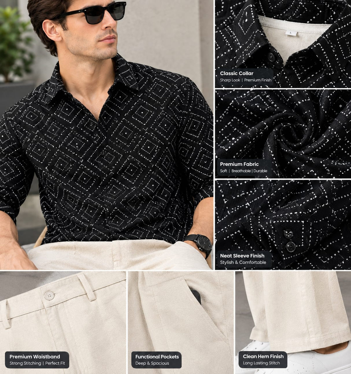 Men’s Premium Geometric Pattern Shirt & Cream Trousers Combo – Black & Ivory