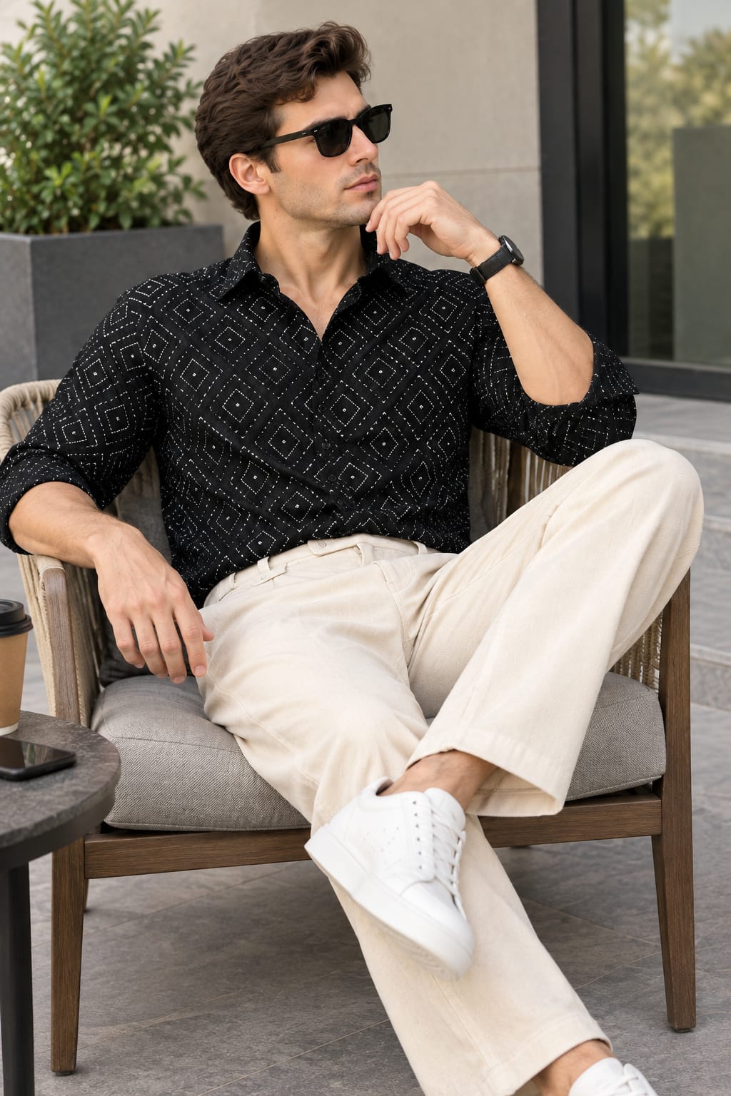 Men’s Premium Geometric Pattern Shirt & Cream Trousers Combo – Black & Ivory