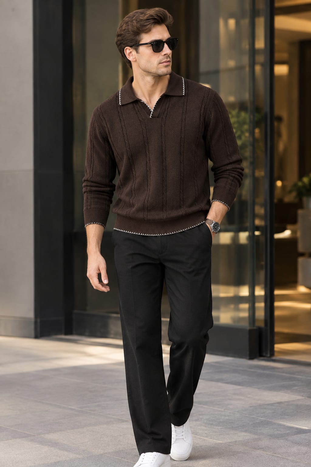 Men’s Premium Textured Polo Shirt & Classic Trousers Combo – Brown & Black