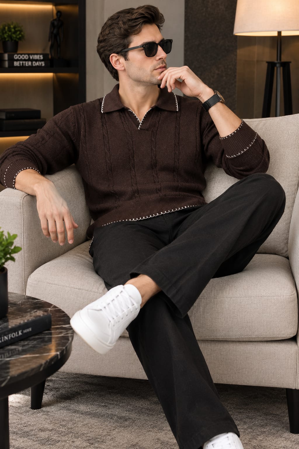 Men’s Premium Textured Polo Shirt & Classic Trousers Combo – Brown & Black