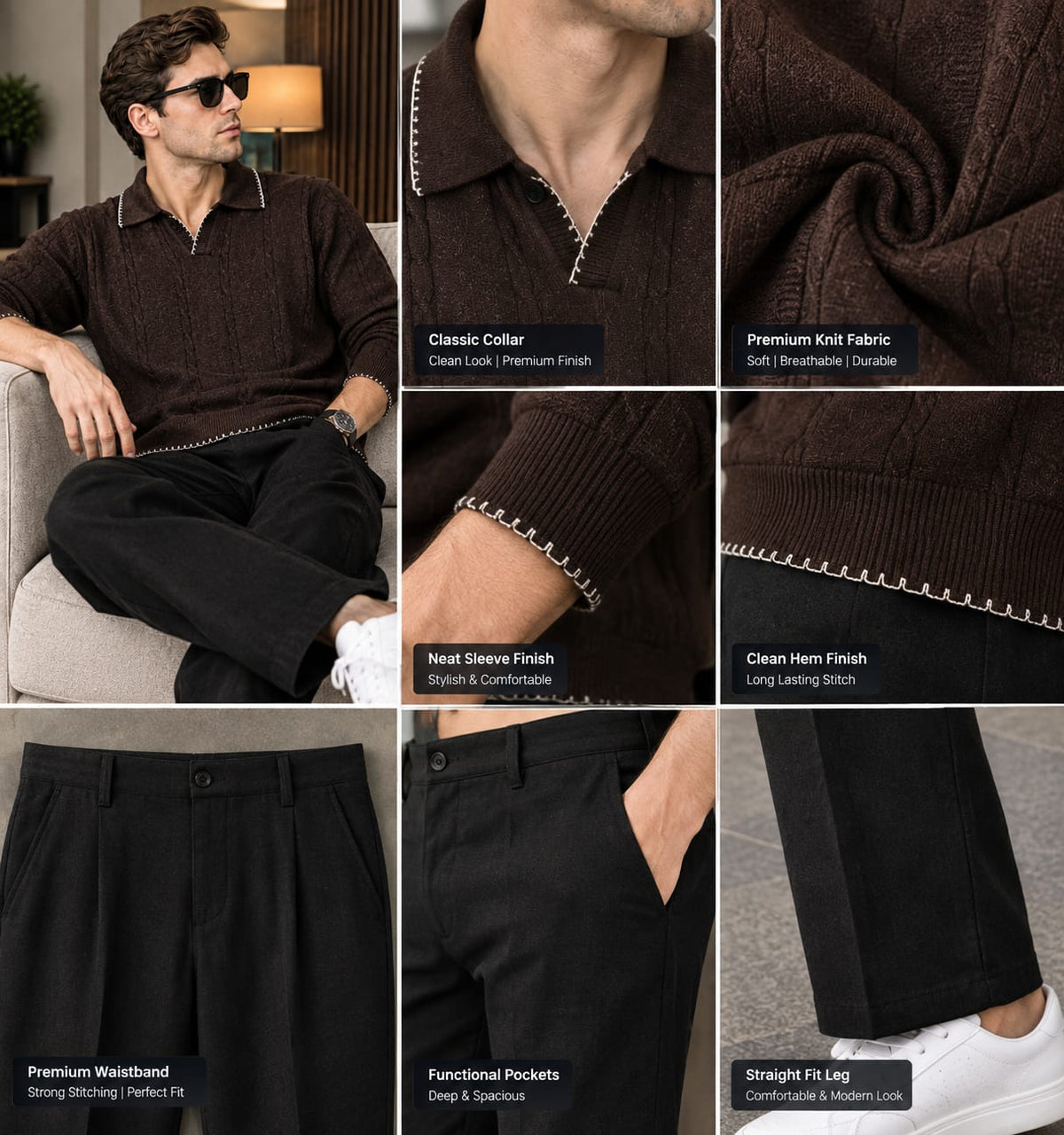 Men’s Premium Textured Polo Shirt & Classic Trousers Combo – Brown & Black