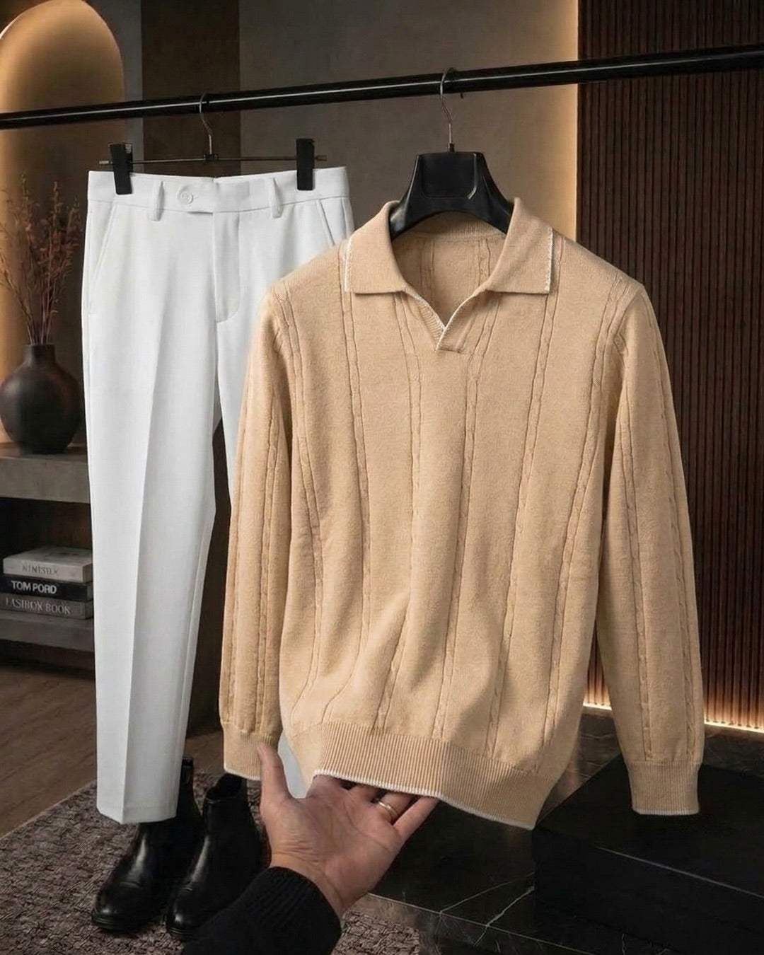 Men’s Premium Textured Polo Sweater & White Trousers Combo – Beige & White