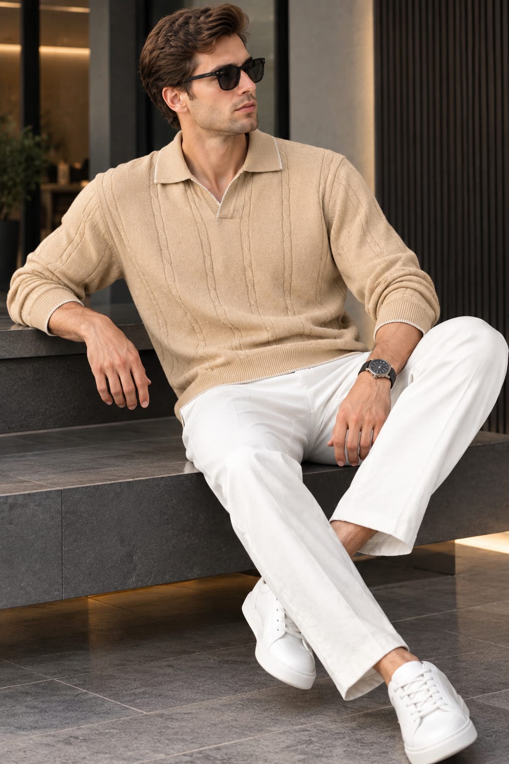 Men’s Premium Textured Polo Sweater & White Trousers Combo – Beige & White