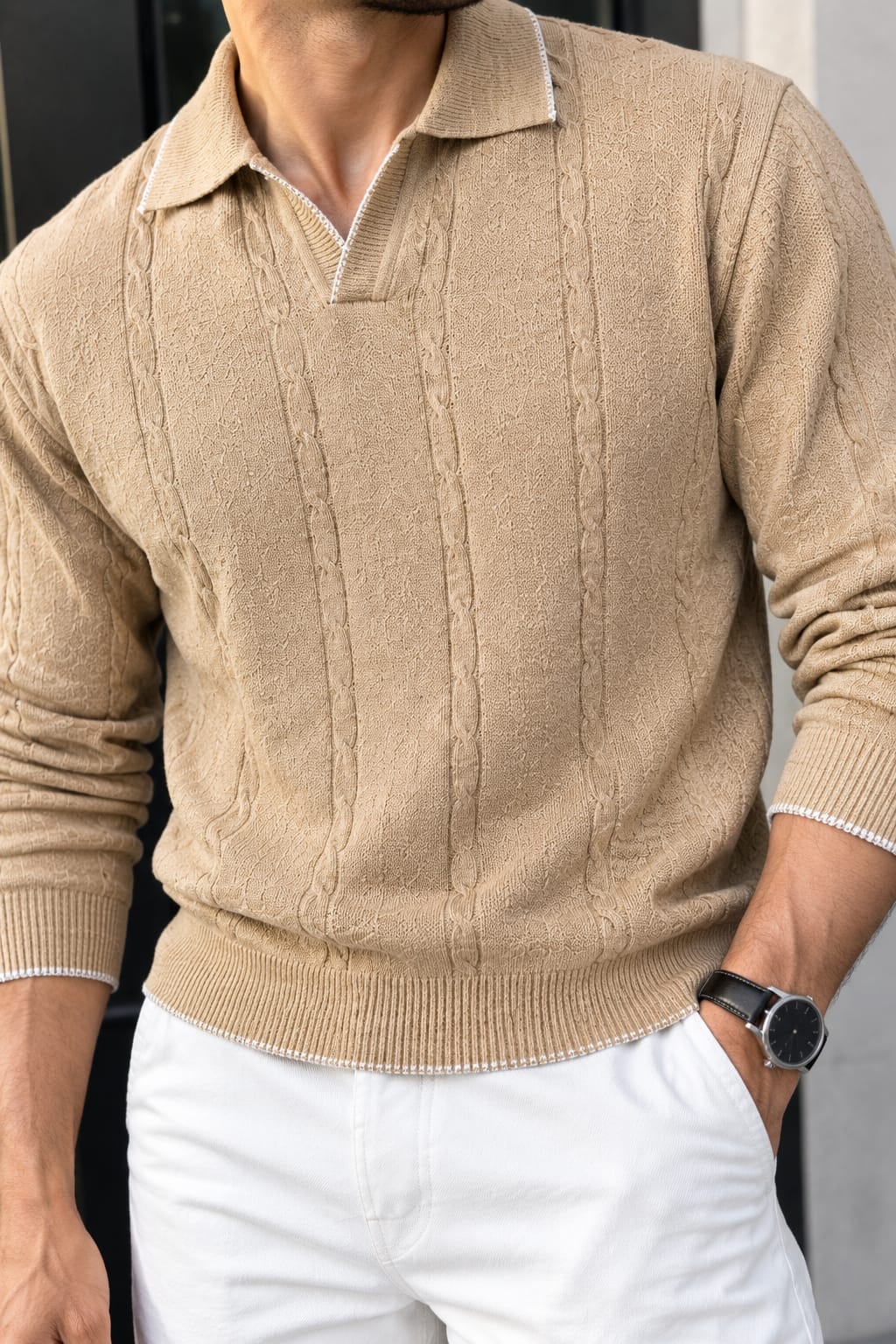 Men’s Premium Textured Polo Sweater & White Trousers Combo – Beige & White